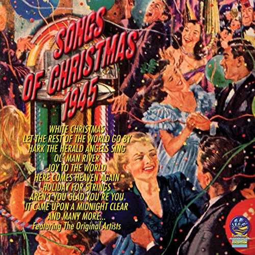 "Album cover with 'Songs of Christmas 1945' title, festive party scene, and song list."