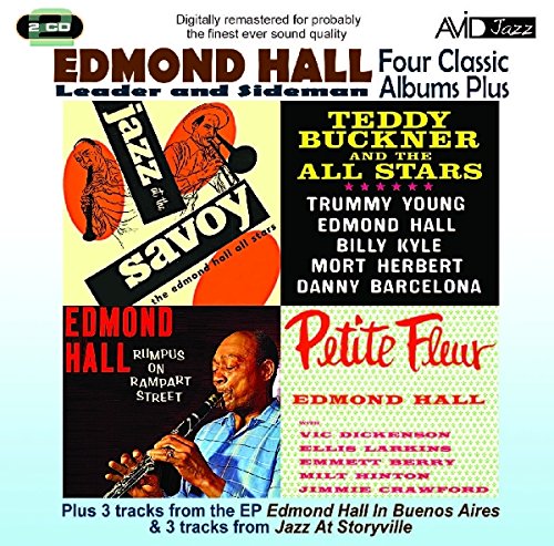"Jazz album cover featuring four collaged album covers and a musician playing a clarinet."
