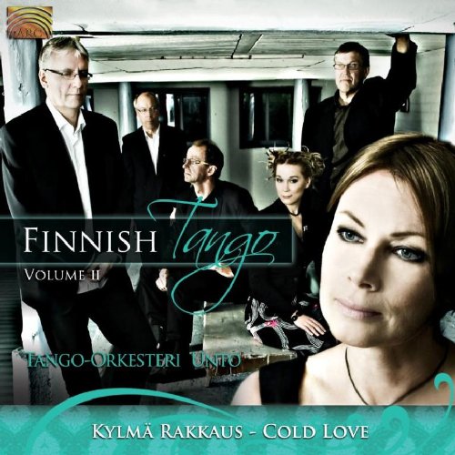 "CD cover with a woman and four men in formal attire, Finnish Tango text overlay."