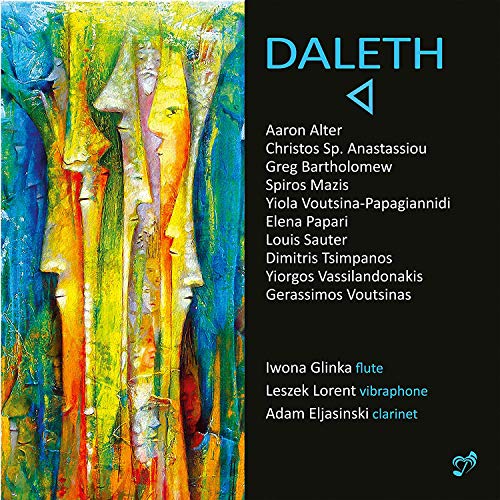 "CD cover art: abstract painting on left, black background with white and blue text on right."