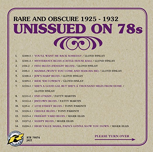 A beige CD cover with "Unissued on 78s" title and song list.