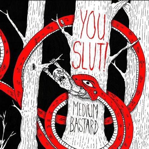 "Album cover art featuring a man stuck in a tree with red snakes."