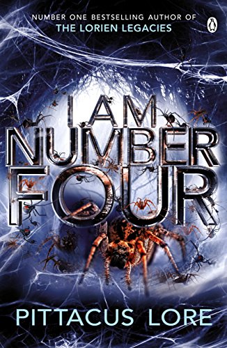 Book cover with "I Am Number Four" title, spiders, and dark blue background.