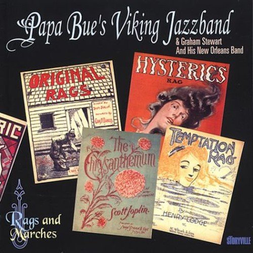 CD case with a cover, titled "Papa Bues Viking Jazzband - Rags & Marches" with a barcode.
