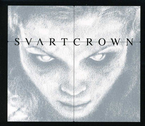 A black and white close-up of a woman's face with "Svart Crown" text overlay.