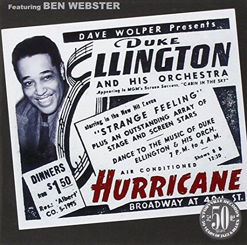 "CD cover featuring a black-and-white image of Duke Ellington and advertisement details."