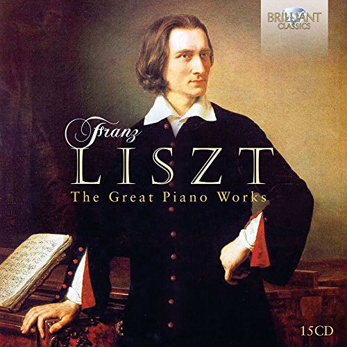 CD cover featuring Franz Liszt with title "The Great Piano Works" and "Brilliant Classics" logo.