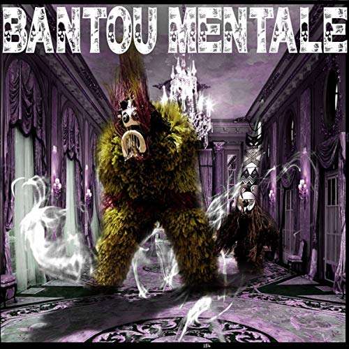 "Album cover with a furry monster and ghostly figure in a grand hall."