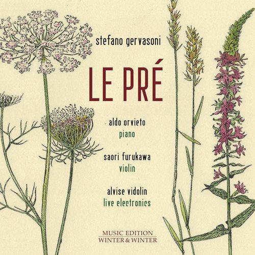 "Album cover with beige background, wildflowers, and red title 'Le Pré' and artist names."