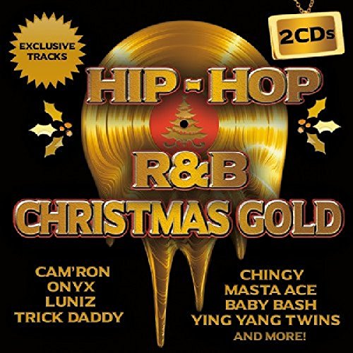 A gold vinyl record with a Christmas tree on a black background, surrounded by text.