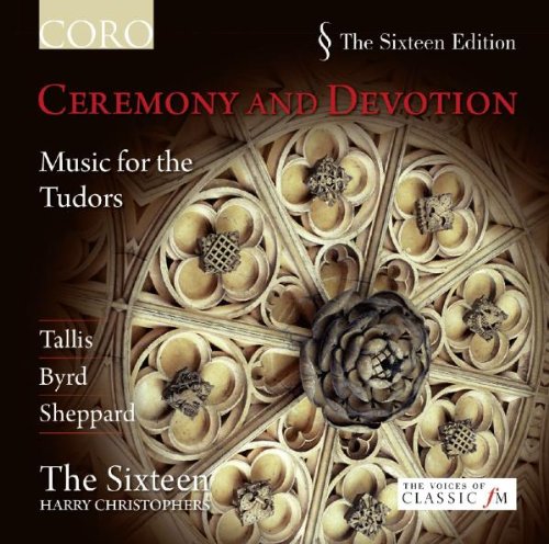 "CD cover with ornate stone rosette and text 'Ceremony and Devotion' in red."