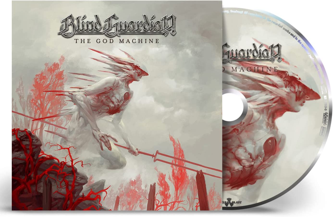 "CD case and disc with 'Blind Guardian - The God Machine' artwork, featuring a winged figure."