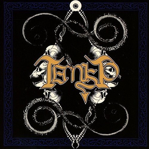 "Album cover with 'Temisto' in gold lettering, surrounded by skulls and chains on a black background."
