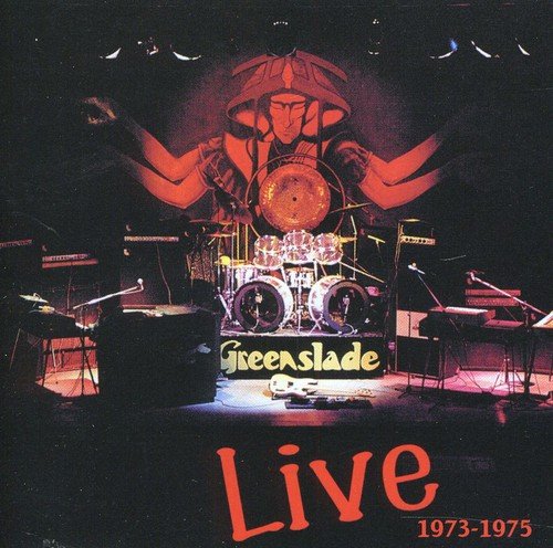 "CD cover with stage setup, drum kit, and 'Greenslade Live 1973-1975' text."