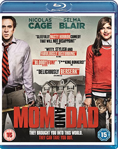 "Blu-ray cover for 'Mom and Dad' featuring Nicolas Cage and Selma Blair with a bloody picket fence."