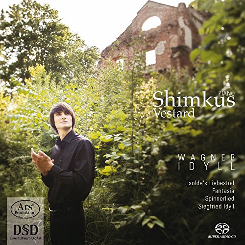 CD cover with a man in black standing among foliage, ruined building in background.