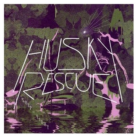 "Album cover with 'HUSKY RESCUE' text, purple and green abstract forest landscape illustration."