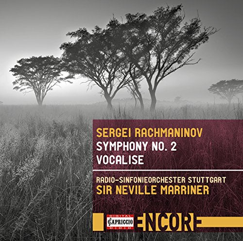 "CD cover with misty trees and text overlay featuring Rachmaninov's Symphony No. 2."