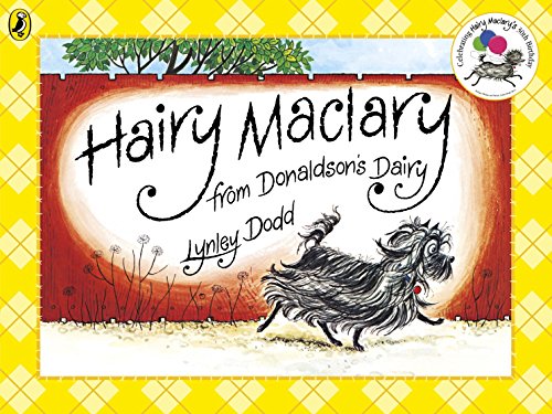 "Children's book cover featuring a dog running, with title 'Hairy Maclary from Donaldson's Dairy'."