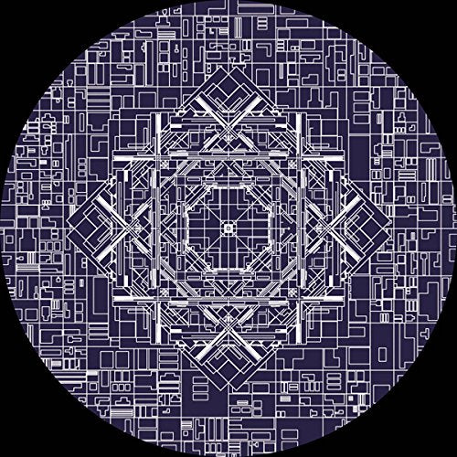 The image depicts a circular, dark blue and white abstract design on a black background.