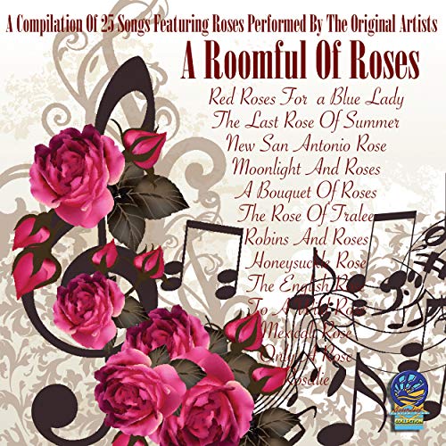 "Album cover with pink roses and musical notes on a beige background."