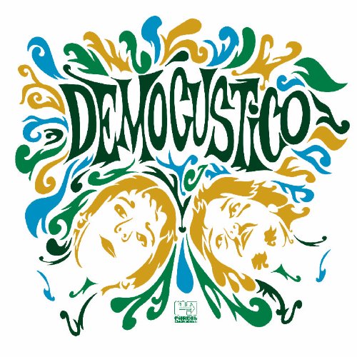 Album cover with 'Democustico' in green, surrounded by swirling patterns and two faces.