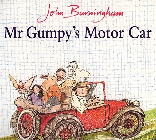 "Children's book cover featuring a red vintage car filled with people and animals."