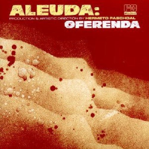 "Album cover for 'Aleuda: Oferenda' with abstract red and white design and bold text."
