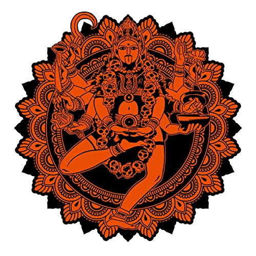 Orange illustration of Mahakali surrounded by intricate designs on a white background.