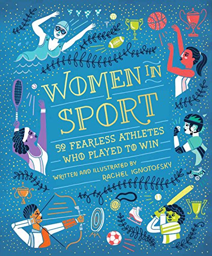 "Blue book cover with cartoon female athletes and trophies, titled 'Women in Sport'."