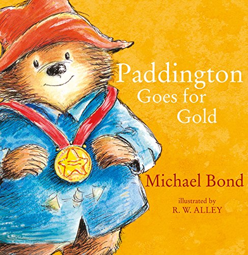 "Illustration of Paddington Bear wearing a blue jacket, red hat, and gold medal."