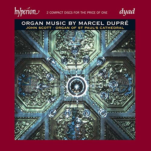 Red album cover with ornate organ pipes and text describing the music contents.