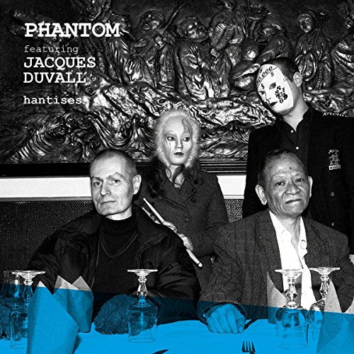 Black and white image of four people at a blue-tinted table with text overlay.