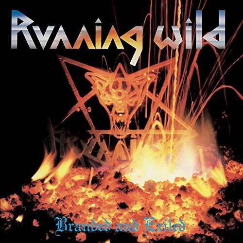 "Album cover with burning pentagram and 'Running Wild' text on a black background."