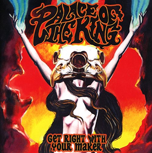 "Album cover art: woman with skull mask, raised arms, and fiery red background."