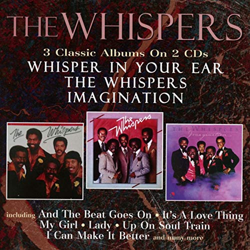 "CD cover featuring The Whispers with three album covers on a marbled background."