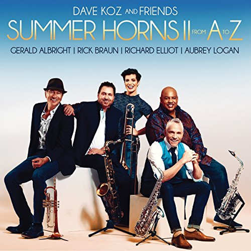 "CD cover featuring five men holding various horns, smiling together."