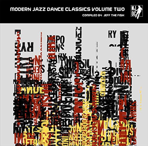 "Album cover with abstract typography in red, black, and yellow on a gray background."
