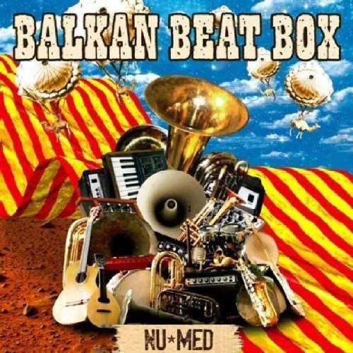 "Album cover with musical instruments and 'Balkan Beat Box' text, vibrant background."
