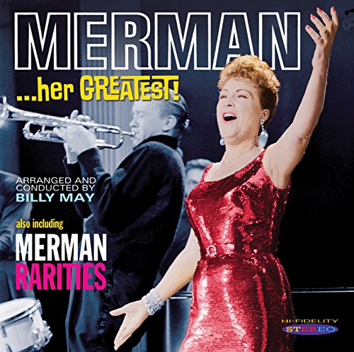 "Ethel Merman in red dress on CD cover with trumpeter in background."