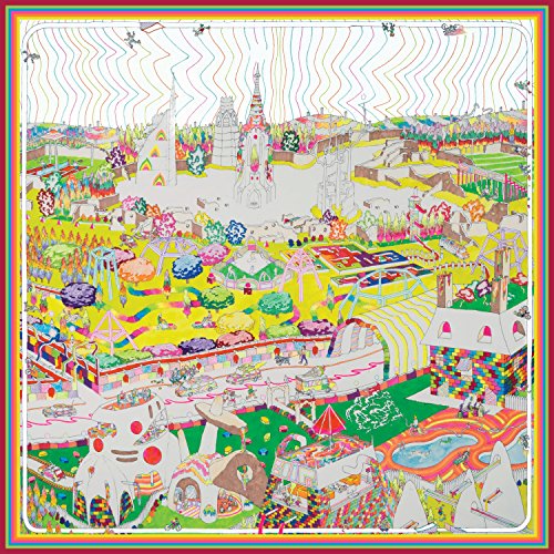 The image shows a vinyl record cover with a colorful, whimsical illustration of a fantastical landscape. For accessibility purposes, a suitable alt text could be: "Colorful vinyl record cover with fantastical landscape illustration."