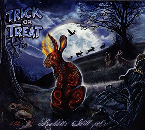 "Album cover art featuring a burning rabbit surrounded by dark, mystical landscape under a full moon."