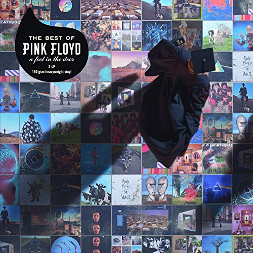 "Pink Floyd vinyl album cover with a collage of album artwork and a figure."