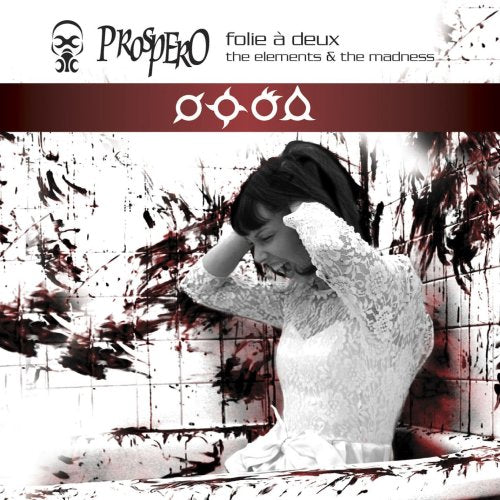 "Album cover with a woman in white dress, distressed, against a blood-splattered background."