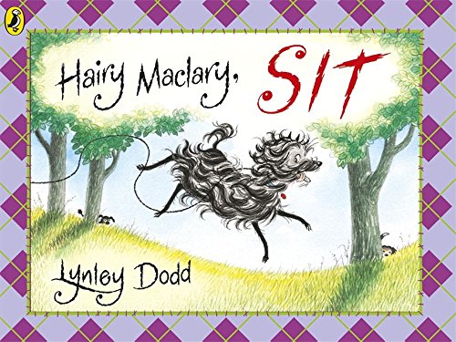 "Hairy Maclary, Sit" children's book cover featuring a cartoon dog jumping between two trees.