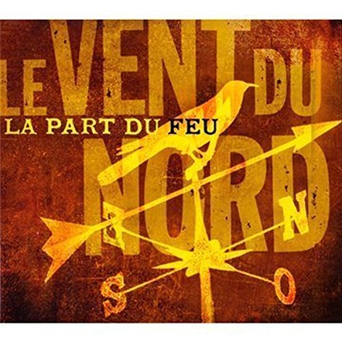 "Album cover with yellow compass and text on a red textured background."