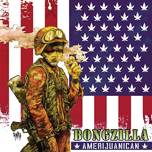 Soldier smoking cannabis in front of a marijuana-themed American flag, vinyl album cover.