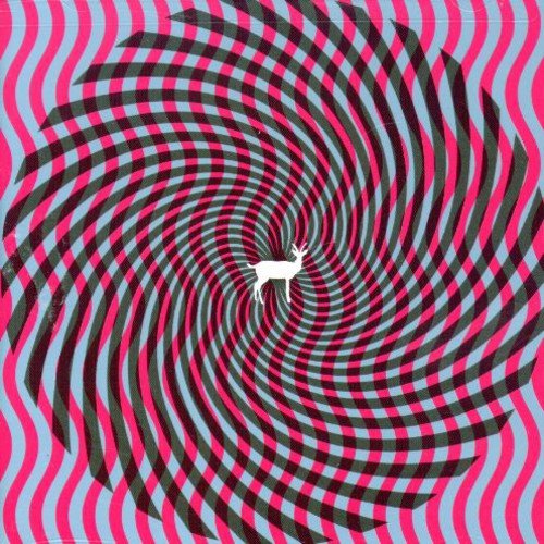 "Album cover with a white deer silhouette in a pink and black spiral pattern."