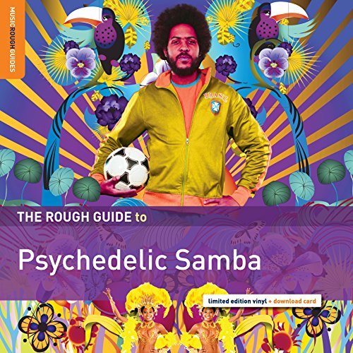 "Album cover featuring a man with a soccer ball surrounded by psychedelic tropical imagery."