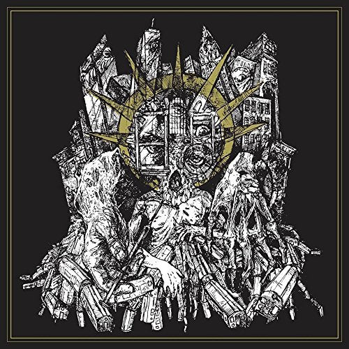 Black album cover with white and gold abstract illustration, surrounded by a thin gold border.